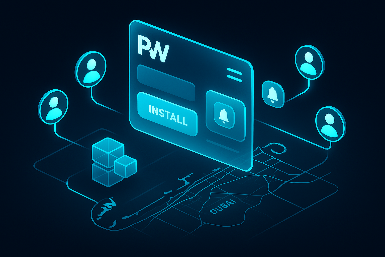 A premium isometric scene of a glassmorphic PWA storefront hovering above a map of Dubai, with install buttons, push notification bubbles, offline cache cubes, and cyan #00D4FF trails linking to customer avatars