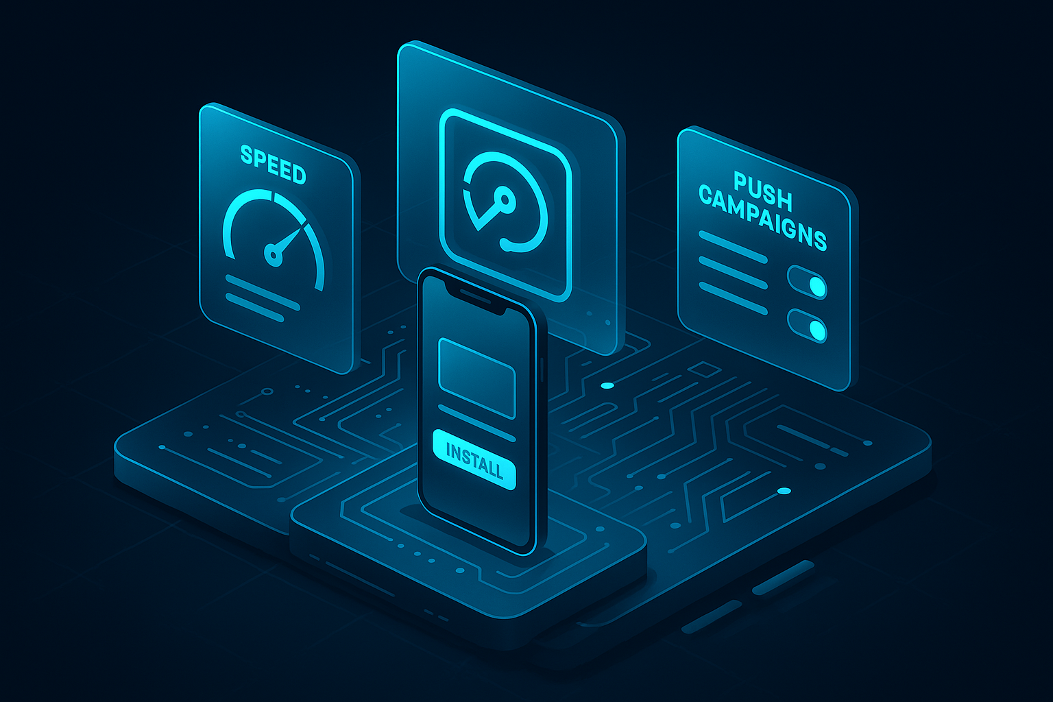 A detailed, futuristic 3D isometric description of a PWA control center with layered glass panels showing speed metrics, push campaigns, and an install prompt on a phone, all glowing with Cyan #00D4FF