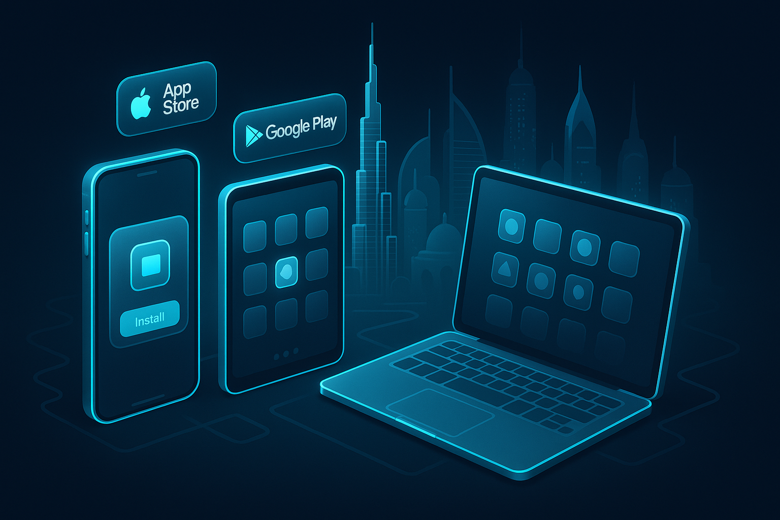 A detailed, futuristic 3D isometric description of a PWA install flow across phone, tablet, and desktop, with floating app store badges, home screen icons, and shimmering cyan #00D4FF edges over a stylized Dubai skyline in glassmorphism