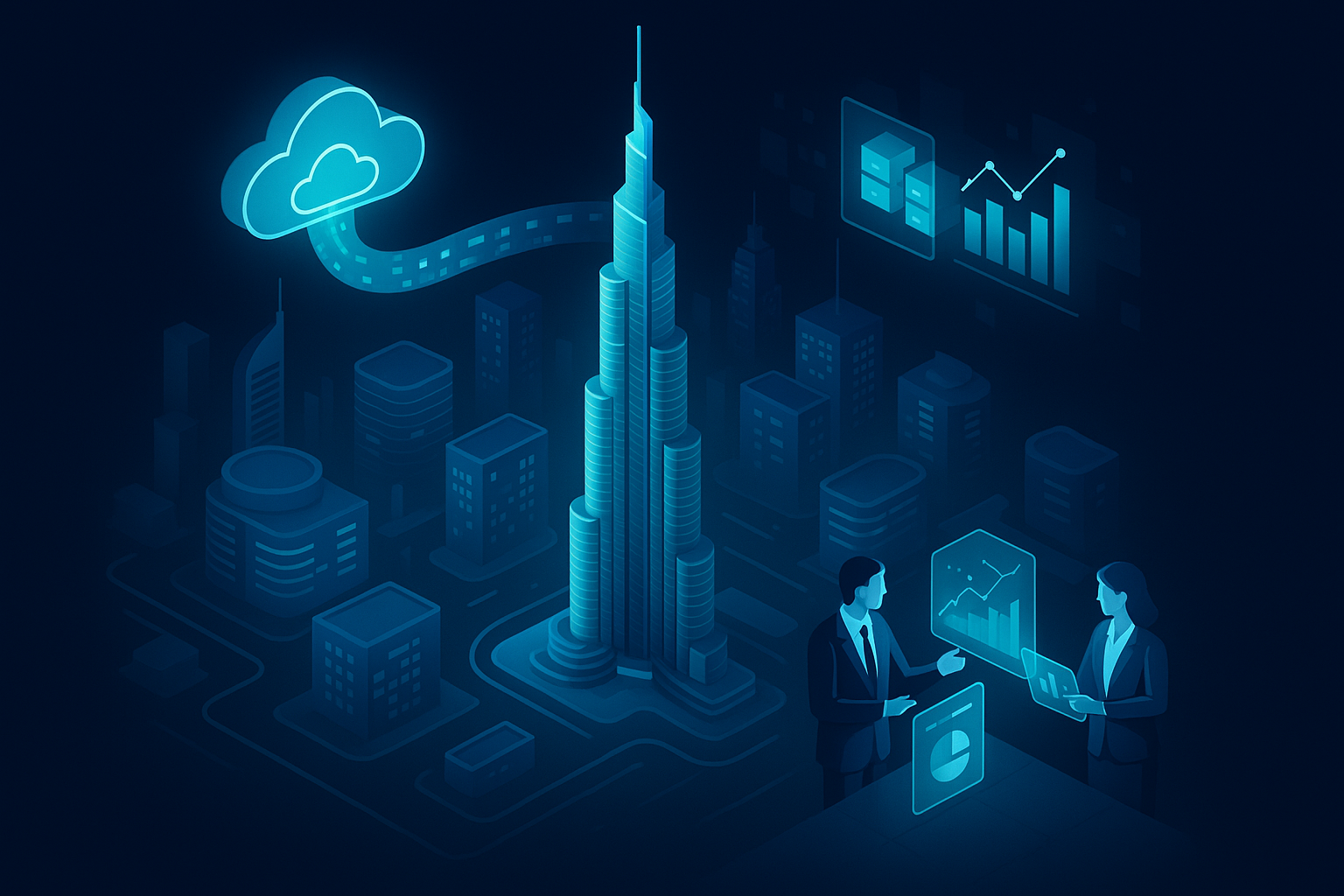 A detailed, futuristic 3D isometric description of a Dubai skyline at dawn with holographic charts, a cyan data stream linking headquarters to cloud data centers, and executives reviewing KPIs on translucent tablets