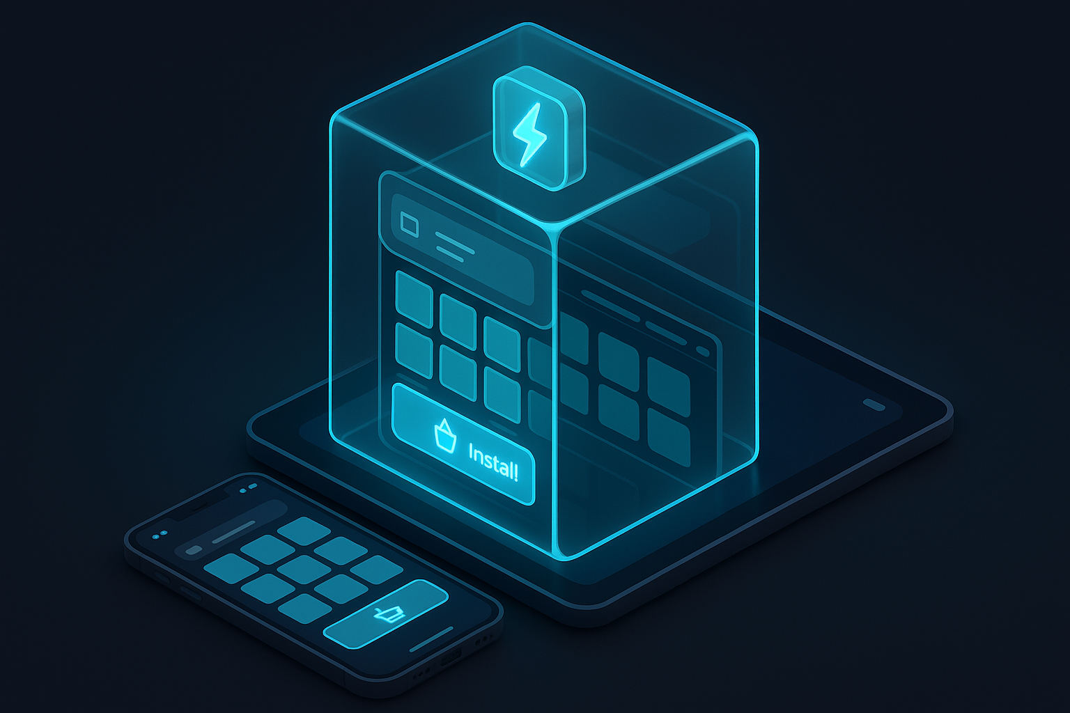 A futuristic glass storefront PWA on a floating phone and tablet, both in dark mode with cyan #00D4FF accents, showing lightning fast product grids, one tap checkout, and an install prompt, all rendered in 3D isometric style