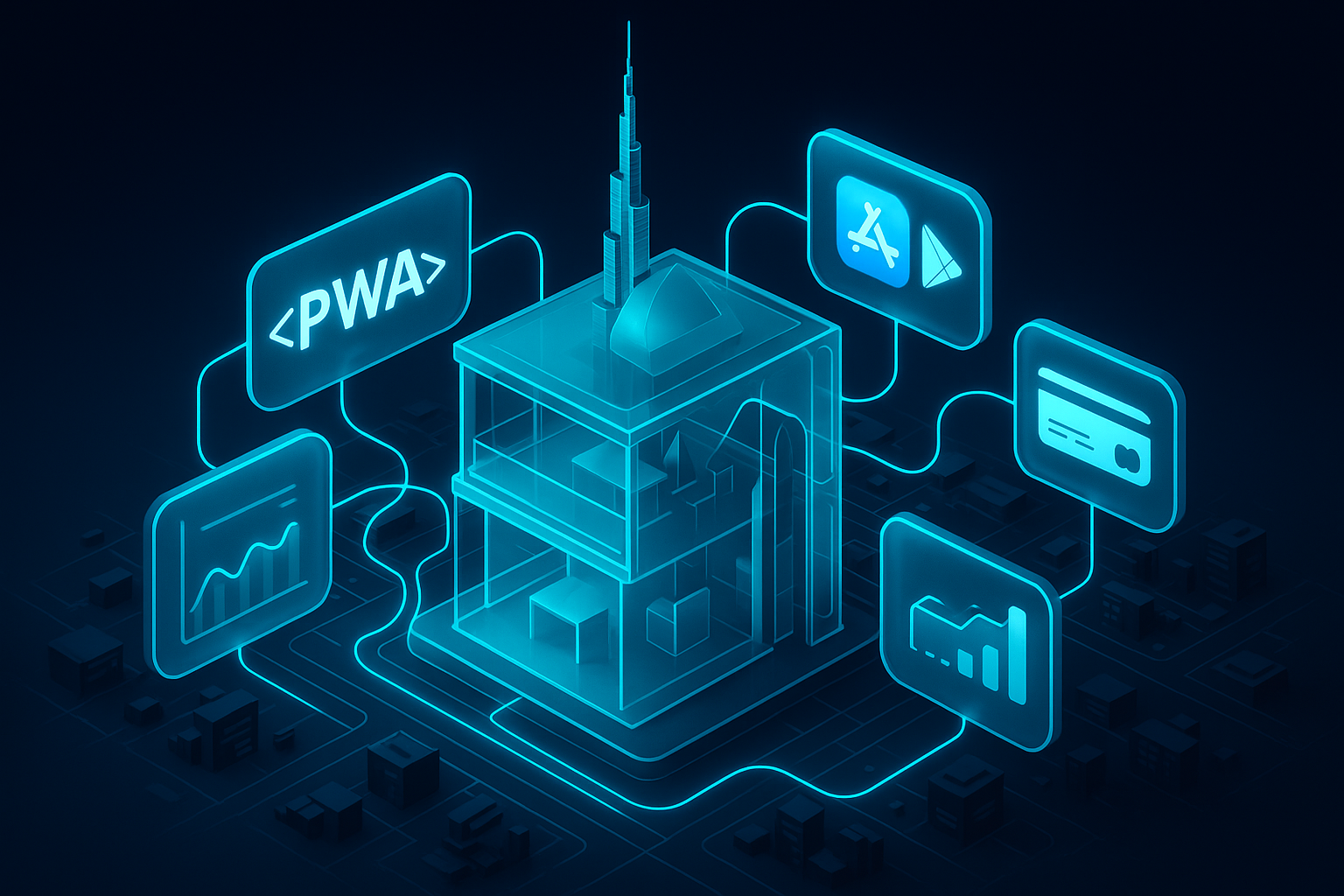 A detailed, futuristic 3D isometric cutaway of a Dubai innovation lab at dawn, with translucent glass panels, cyan energy lines flowing between a PWA codebase, app store icons, payment gateways, and analytics dashboards, all hovering over a dark mode city grid.