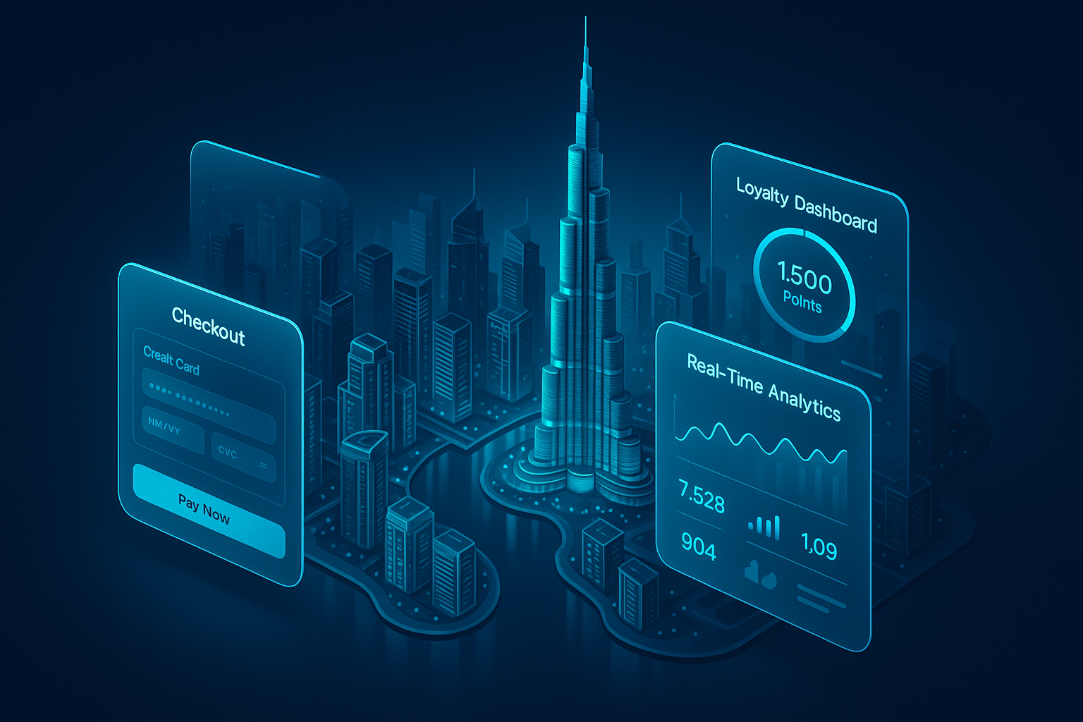 A detailed, futuristic 3D isometric description of a Dubai marina skyline at sunrise with floating glass panels showing a PWA checkout flow, real time analytics, and a loyalty dashboard glowing in cyan #00D4FF, rendered in glassmorphism with soft reflections and depth