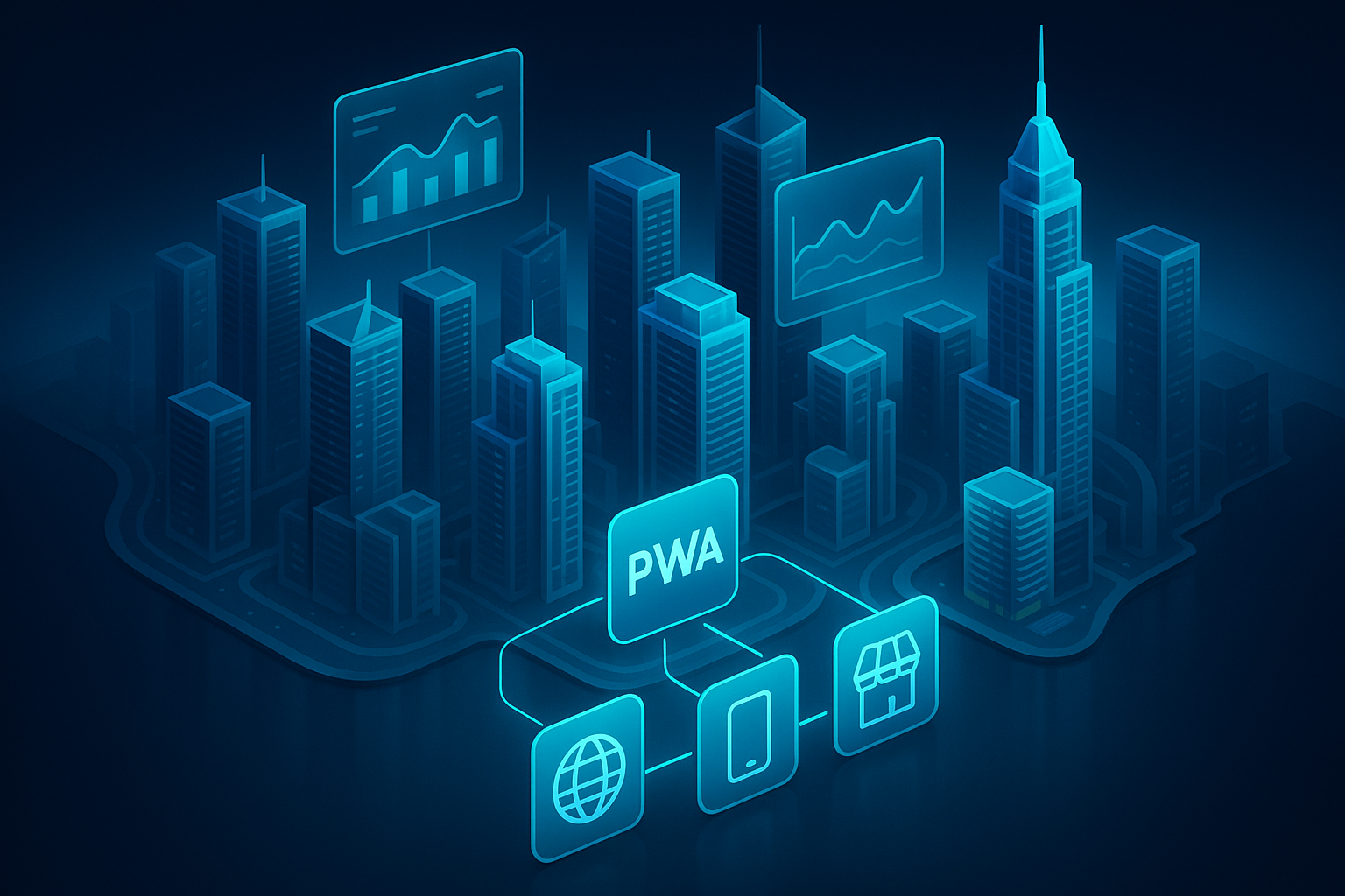 A detailed, futuristic 3D isometric description of a Dubai marina skyline at sunrise with holographic analytics panels hovering above towers, cyan #00D4FF data streams linking a PWA icon to web, mobile, and storefront touchpoints, all rendered in premium glassmorphism and dark mode