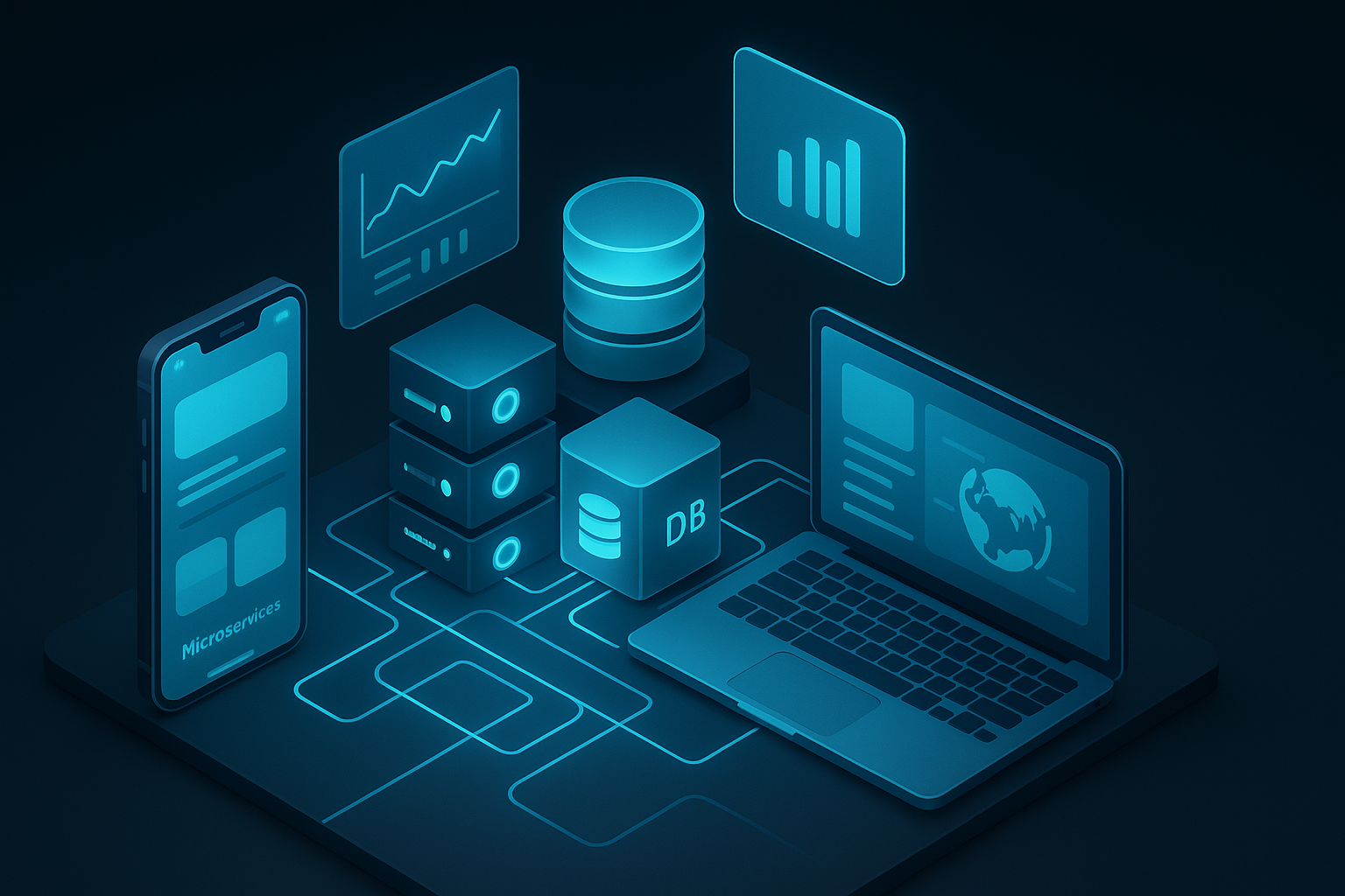 A photorealistic 3D isometric cutaway of a PWA engine room where microservices, databases, and CDN nodes glow in cyan #00D4FF, powering synchronized phone and desktop UIs in glassmorphism panels, with metrics hovering in holograms