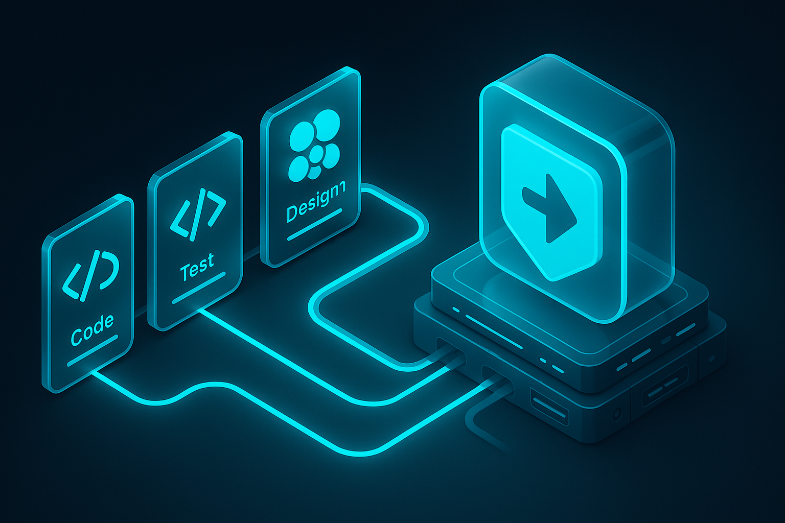 A detailed, futuristic 3D isometric description of a continuous delivery pipeline made of translucent glass cards, with code, design tokens, and test nodes flowing into a single PWA installer icon, all illuminated with cyan #00D4FF highlights