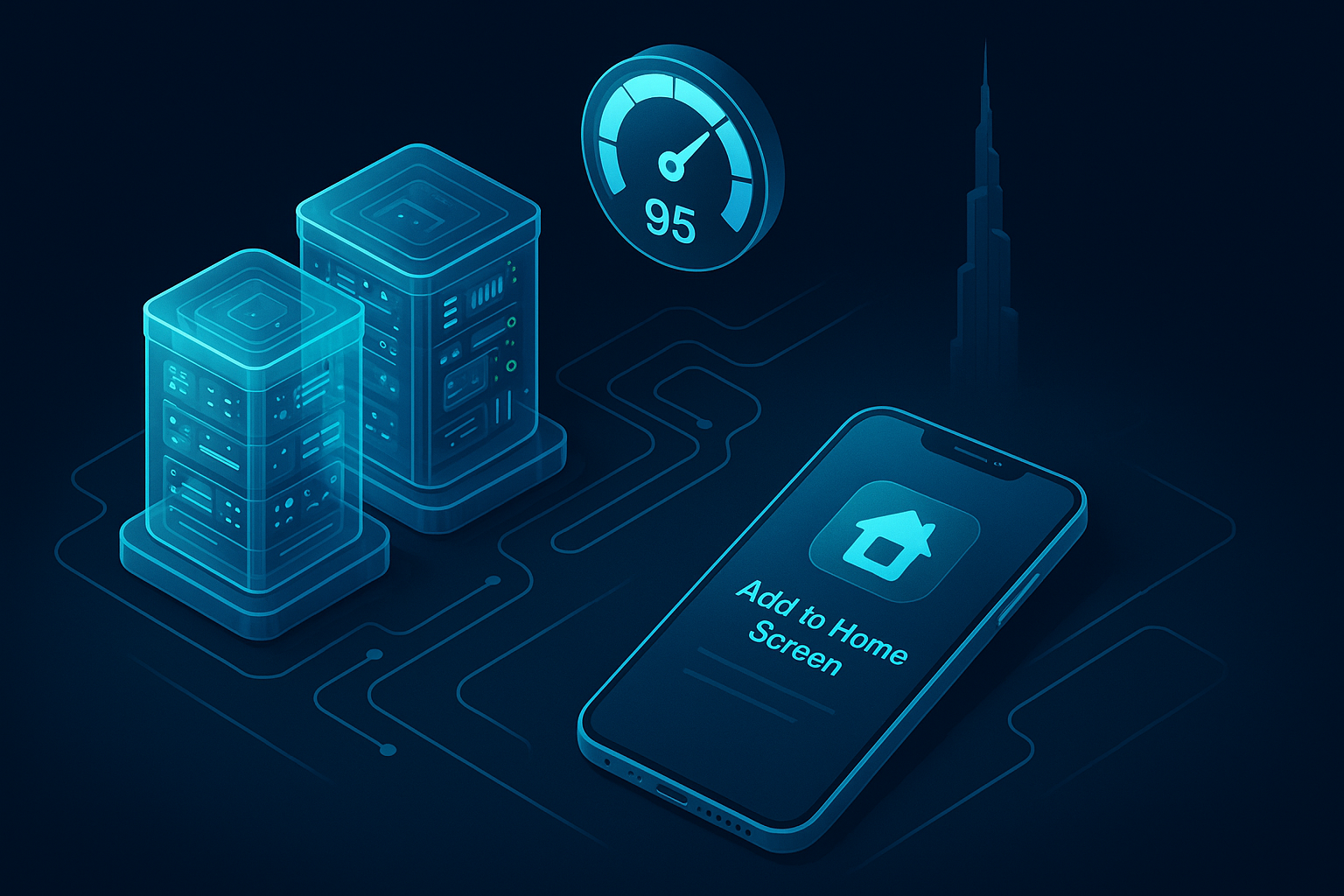 A detailed, futuristic 3D isometric description of a performance lab with transparent glass servers, a Lighthouse style gauge pinned above 95, a smartphone showing an Add to Home Screen prompt, and a subtle Burj Khalifa silhouette, all glowing in cyan #00D4FF.