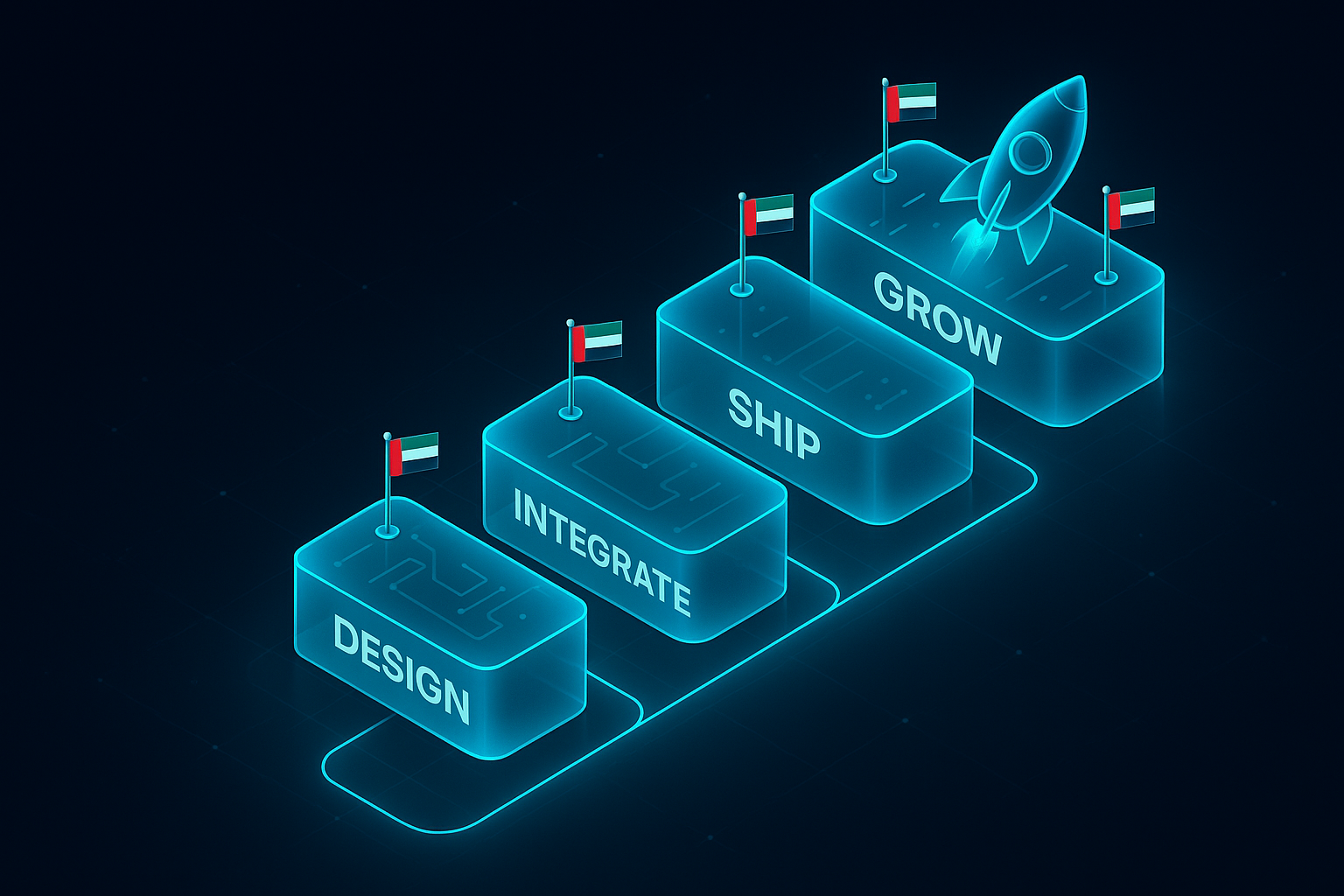 A detailed, futuristic 3D isometric description of a build to launch pipeline with glass blocks labeled Design, Build, Integrate, Ship, and Grow, each lit in cyan, with tiny UAE flags on milestone pins