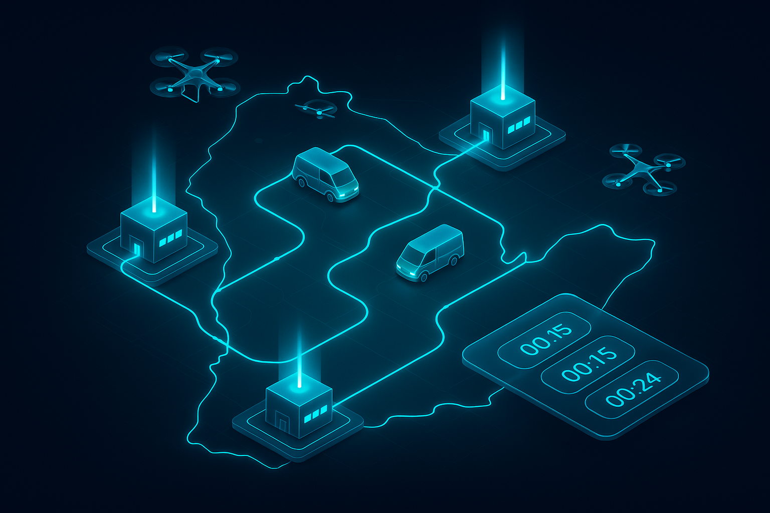 A detailed, futuristic 3D isometric description of a GCC map with neon logistics routes, drones and vans moving between micro hubs, warehouse beacons pulsing cyan #00D4FF, and live ETA panels in a glassmorphism control layer