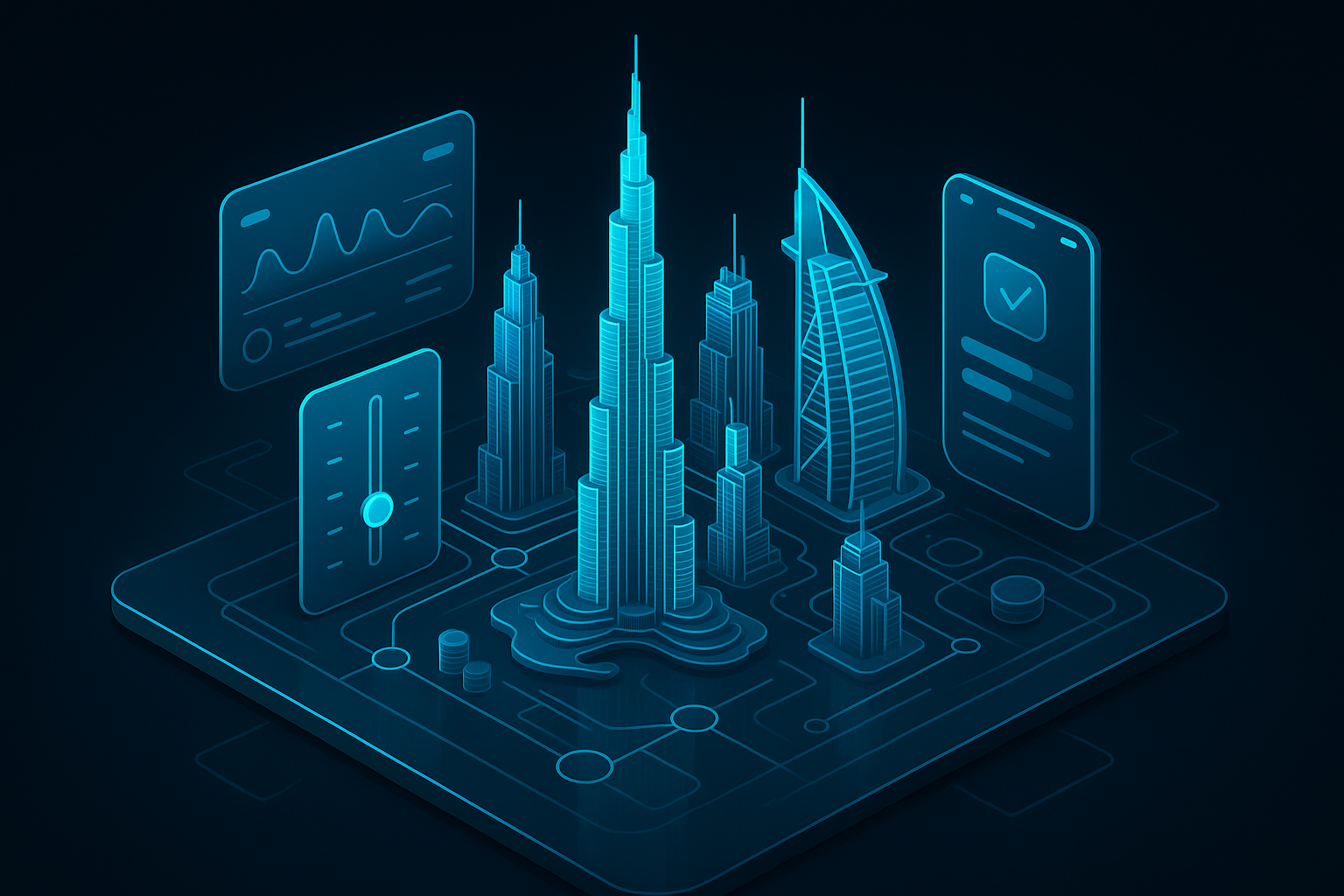 A detailed, futuristic 3D isometric description of the Dubai skyline with holographic cost sliders, floating app screens, and cyan #00D4FF neon highlights, set on a dark glass surface that suggests premium efficiency