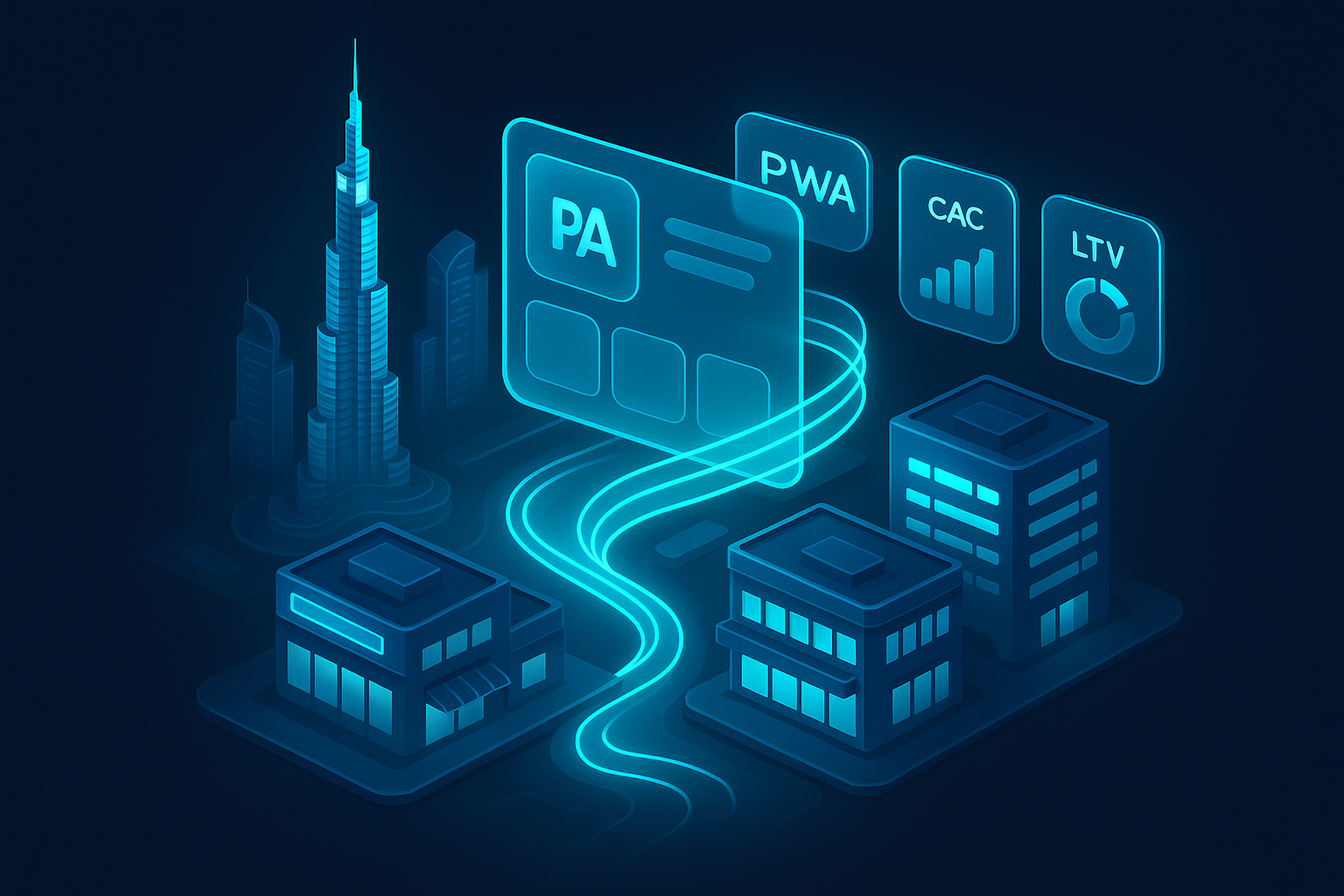 A detailed, futuristic 3D isometric view of Dubai Marina at night with cyan data streams weaving through storefronts, a floating glass PWA interface and KPI cards showing CAC, LTV, and conversion rates, rendered in glassmorphism style on a dark canvas