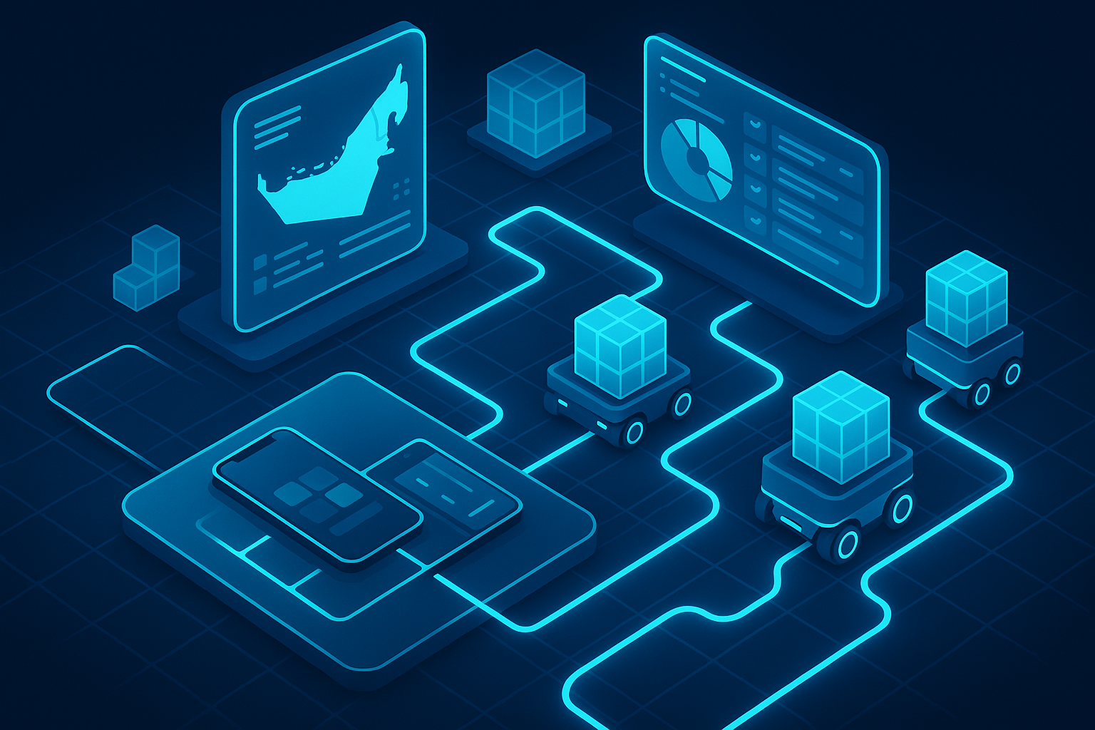 A detailed, futuristic 3D isometric scene of a logistics hub in the UAE with autonomous carts and holographic dashboards, a PWA control panel syncing orders across devices, cyan #00D4FF routes glowing through the floor grid